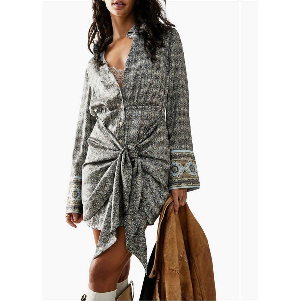 Free People Silky Rillo Long Sleeve Shirtdress‎ Button Front Tie Waist Mini XS
